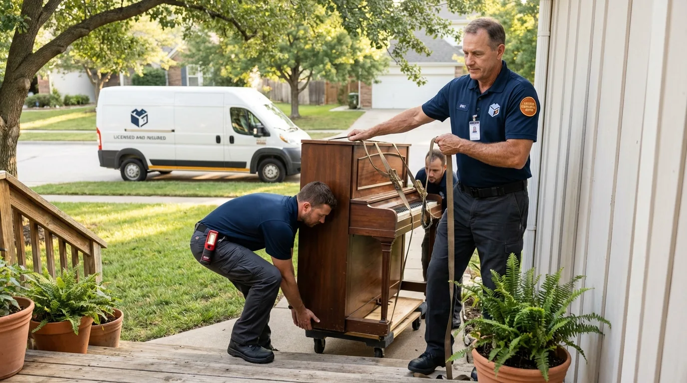 Licensed piano movers securing grand piano in Vienna, IL