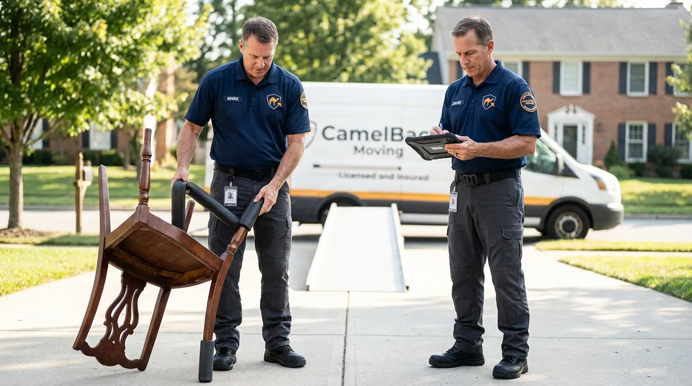 Movers inspecting furniture for damage prevention before loading in Vienna, IL